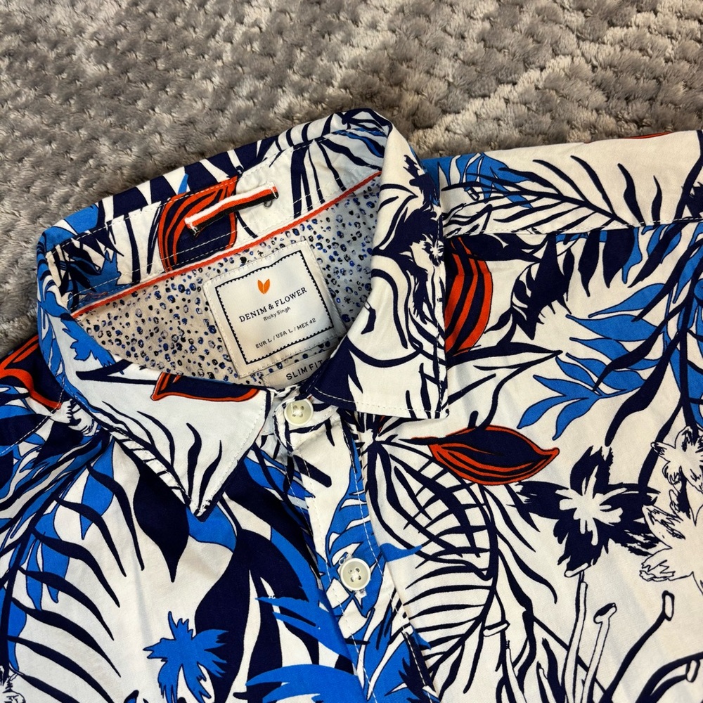 Denim & Flower Men's Casual Slim Fit Button Down Shirt -‎ Blue and White